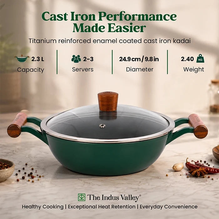 Enamel Coated Cast Iron Kadai, 24.9 cm / 2.3L with Glass Lid | Induction & Gas Compatible