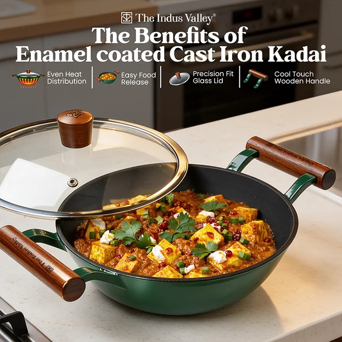 Enamel Coated Cast Iron Kadai, 24.9 cm / 2.3L with Glass Lid | Induction & Gas Compatible