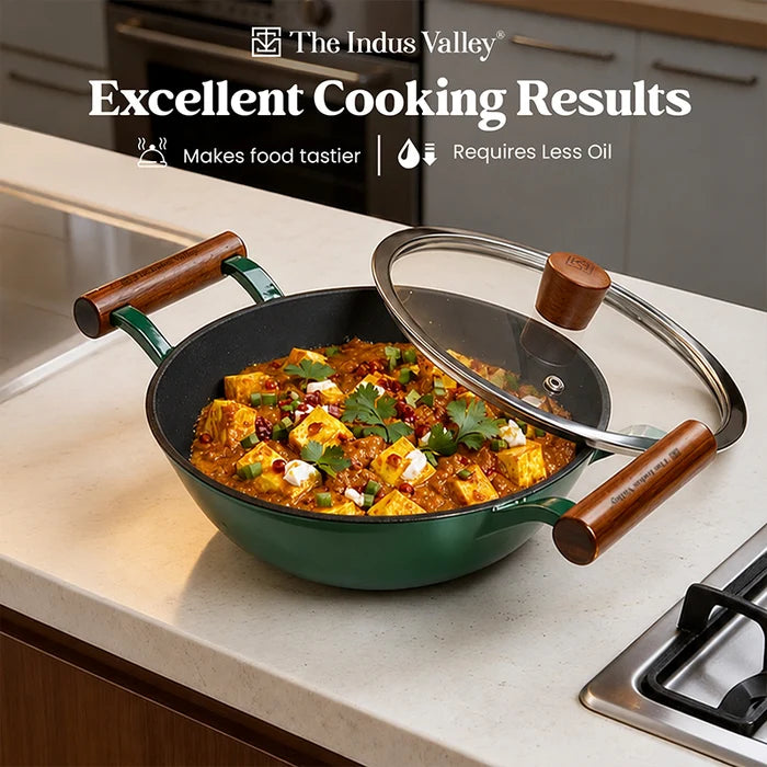 Enamel Coated Cast Iron Kadai, 24.9 cm / 2.3L with Glass Lid | Induction & Gas Compatible