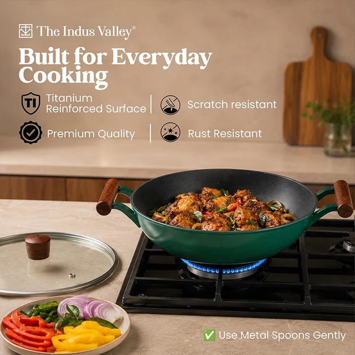 Enamel Coated Cast Iron Kadai, 24.9 cm / 2.3L with Glass Lid | Induction & Gas Compatible