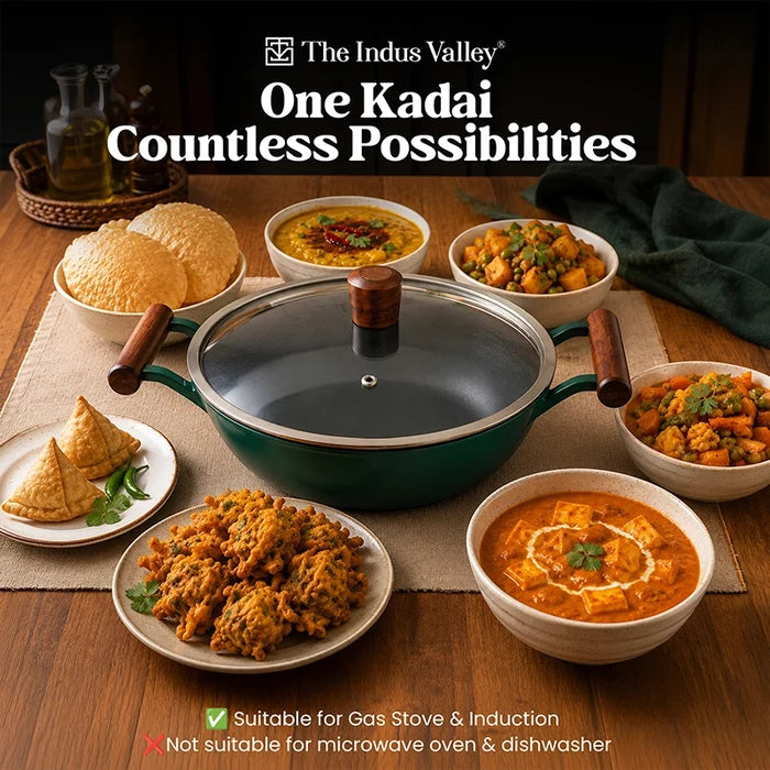 Enamel Coated Cast Iron Kadai, 24.9 cm / 2.3L with Glass Lid | Induction & Gas Compatible