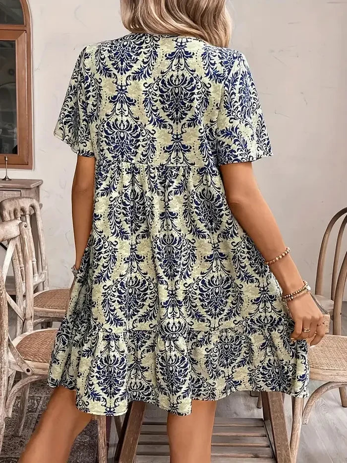 Ethnic Style Prints Loose V-Neck Short Dress