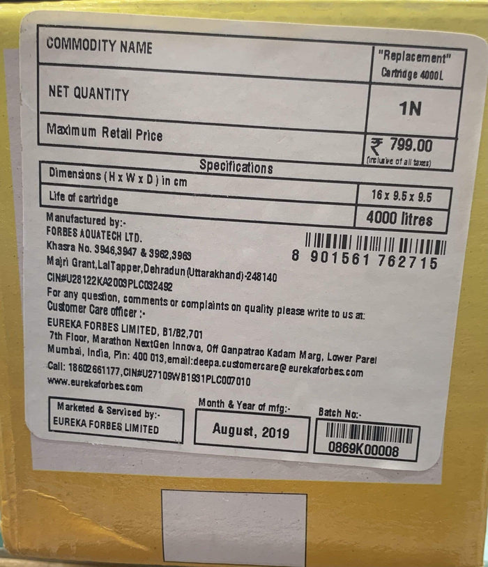 Eureka Forbes Aquasure 4000 litres Cartridge (Common for Xtra Tuff/Maxima/Shakti/Aayush) - KITCHEN MART