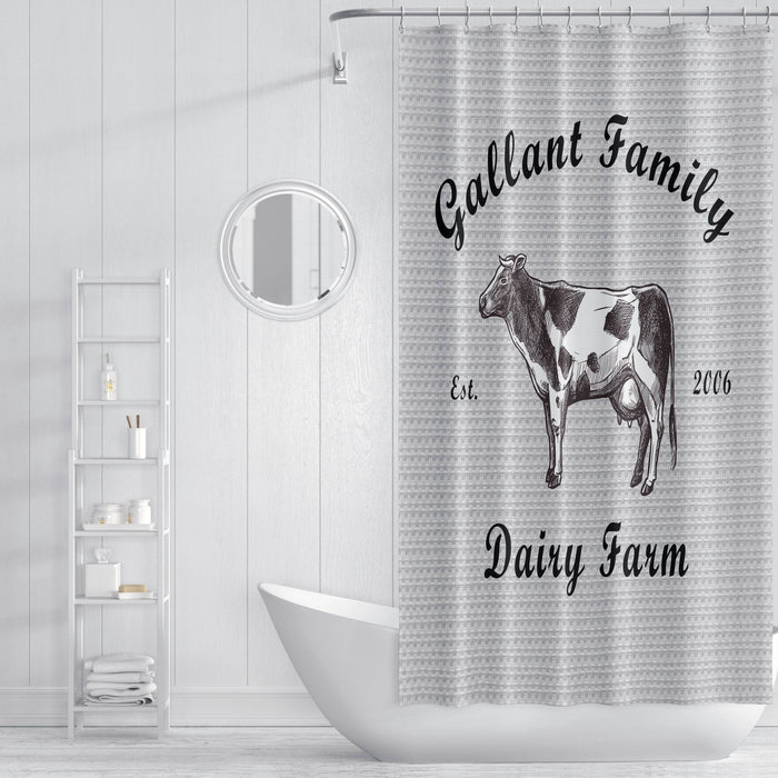 Farmhouse Shower Curtain Personalized | Dairy Cow Shower Curtain | Farm Bathroom Decor - Deja Blue Studios