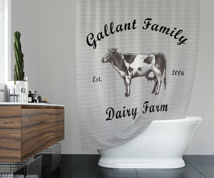 Farmhouse Shower Curtain Personalized | Dairy Cow Shower Curtain | Farm Bathroom Decor - Deja Blue Studios