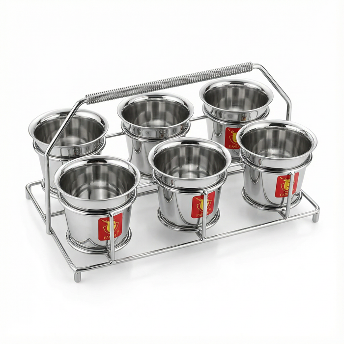 Fawn stainless steel coffee glass set with 6 pieces and chrome wire stand with handle