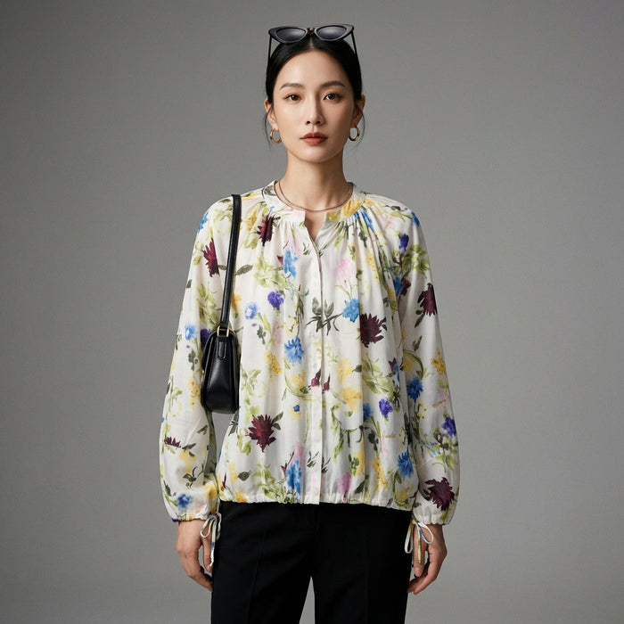 Chemisier fleuri col rond manches longues - Mode Coréenne Élégante - Taille XS