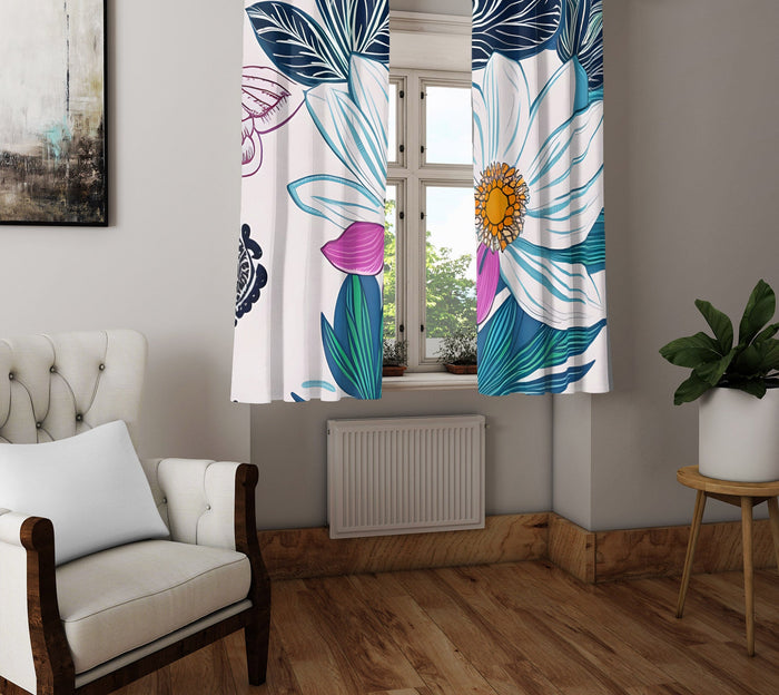 Floral Window Curtain - Blue and Pink Daisies - Deja Blue Studios