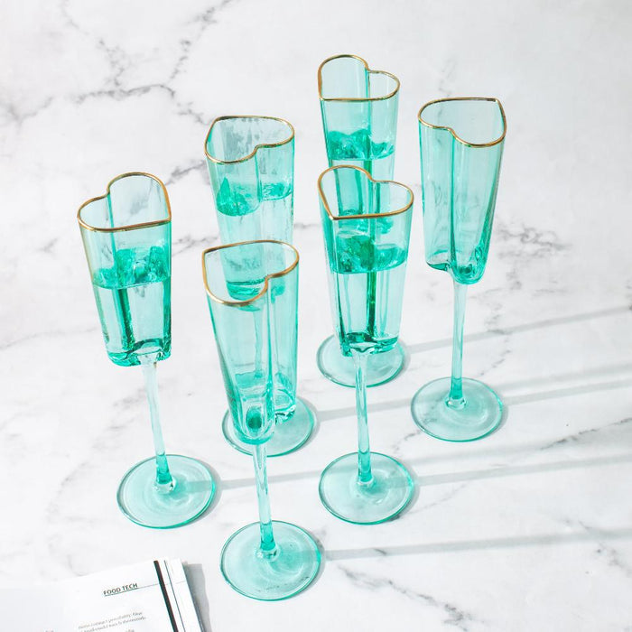 Gold Rimmed Turquoise Heart Champagne Flute Stemware