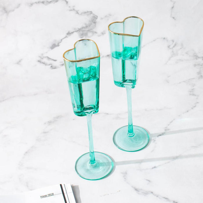 Gold Rimmed Turquoise Heart Champagne Flute Stemware