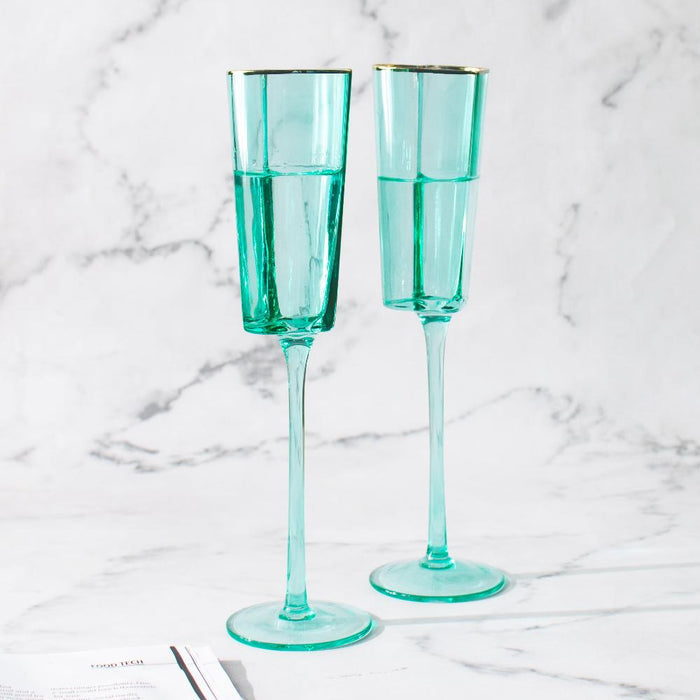 Gold Rimmed Turquoise Heart Champagne Flute Stemware