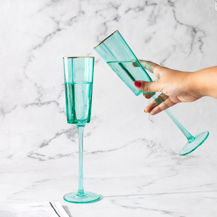 Gold Rimmed Turquoise Heart Champagne Flute Stemware
