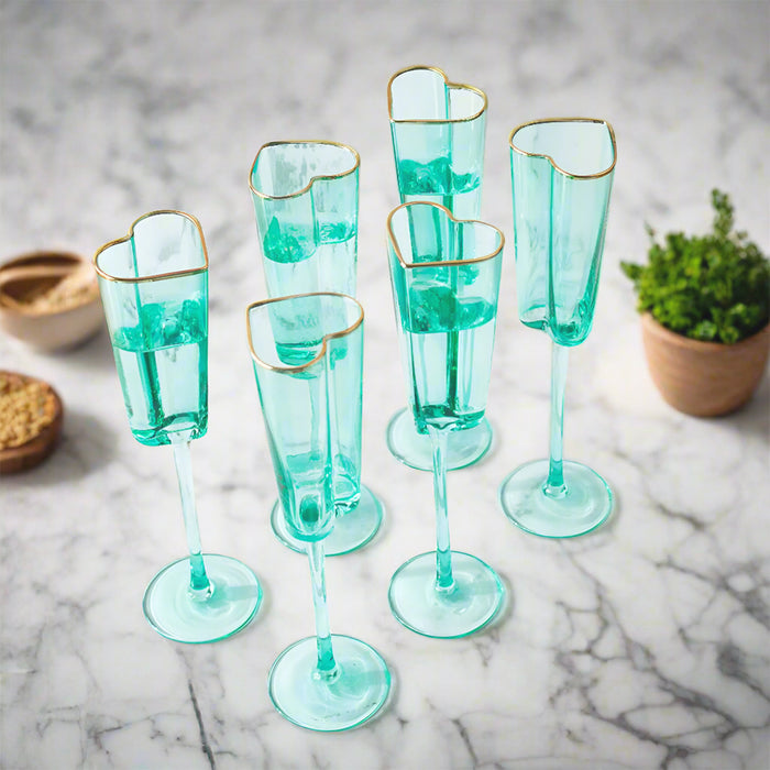 Gold Rimmed Turquoise Heart Champagne Flute Stemware