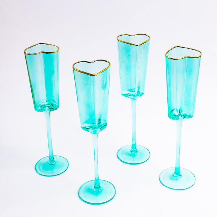 Gold Rimmed Turquoise Heart Champagne Flute Stemware