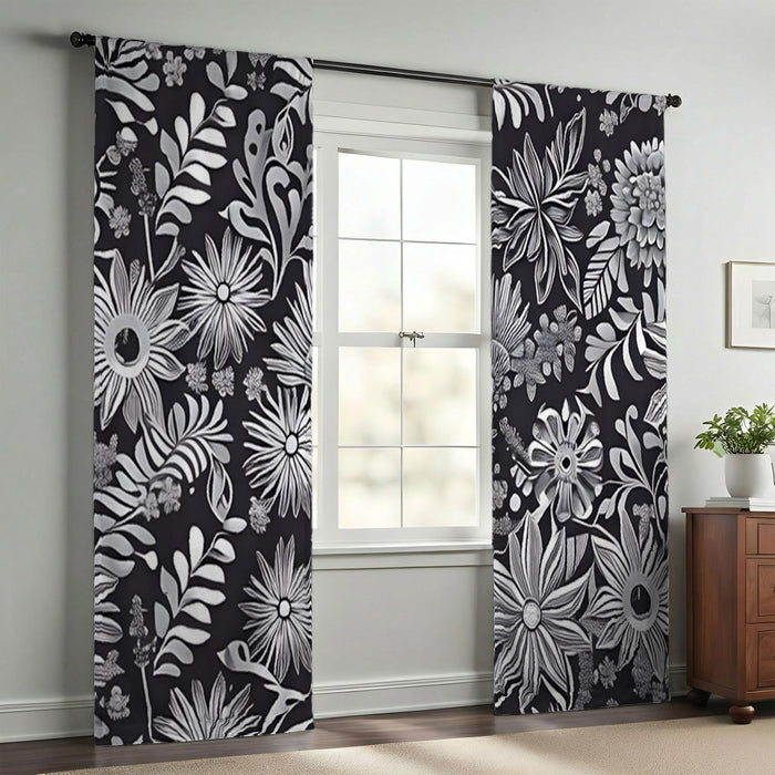 Gray Floral Botanical Pattern Window Curtains