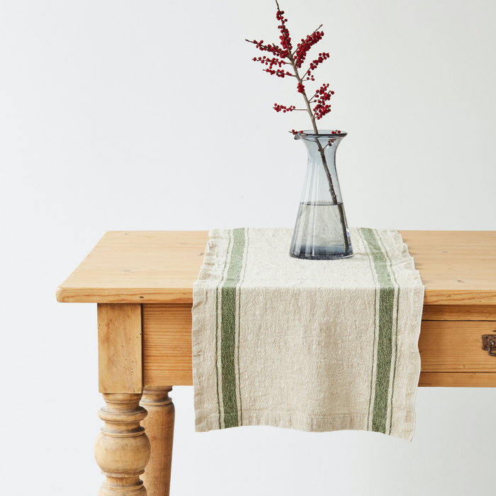 Green Stripe Vintage Linen Table Runner