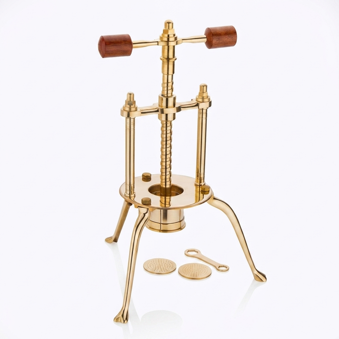 Hallmark pure brass sevaga maker with twin wooden handles and tripod stand