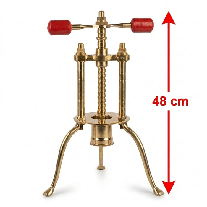 Heavy brass murukku chakli press with screw mechanism and red wooden grips
big 5150 grams