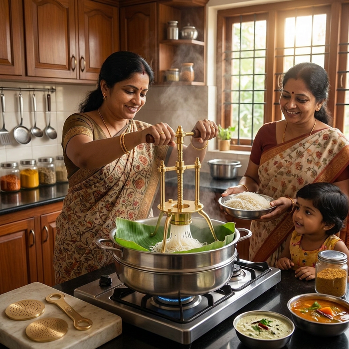 South Indian family making use of brass savege maker