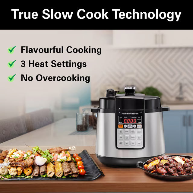 Hamilton Beach 10-in-1 cooker featuring slow cook and pressure cook modes