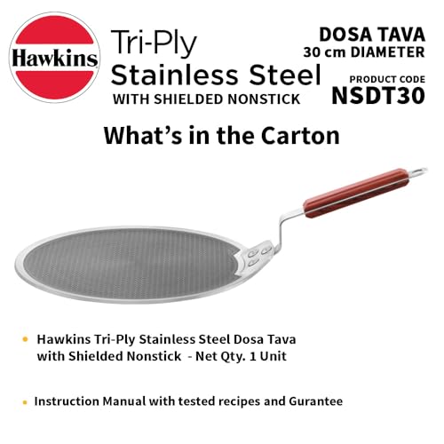 Silver triply stainless steel dosa tawa with PFOA-free nonstick surface for induction and gas cooktops