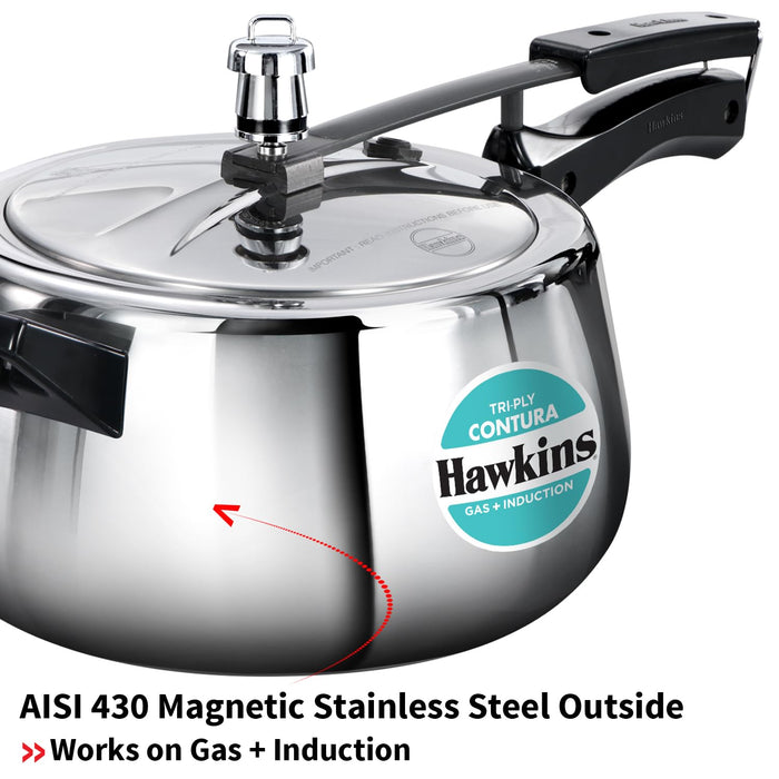 Hawkins 5 Litre Triply Contura Pressure Cooker – 3 mm Tri-Ply Stainless Steel, Gas & Induction (SSTCO50)