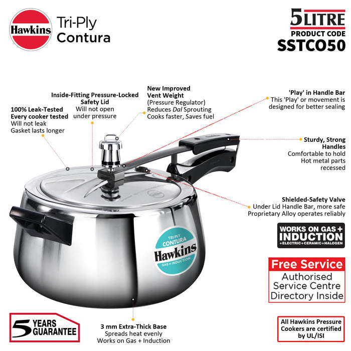 Hawkins 5 Litre Triply Contura Pressure Cooker – 3 mm Tri-Ply Stainless Steel, Gas & Induction (SSTCO50)