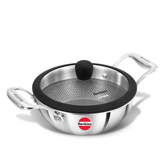Hawkins Pro 1.5L Triply Kadhai with Stainless Steel Handles and Glass Lid - Induction & Gas Compatible.