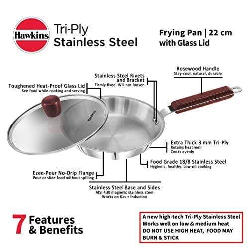 HAWKINS Tri-ply Stainless Steel Frying Pan 22 cm with Glass Lid - KITCHEN MART