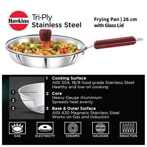 Hawkins Tri-ply Stainless Steel Frying Pan 26 cm with Glass Lid - KITCHEN MART