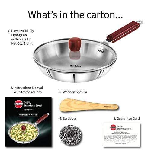 Hawkins Tri-ply Stainless Steel Frying Pan 26 cm with Glass Lid - KITCHEN MART