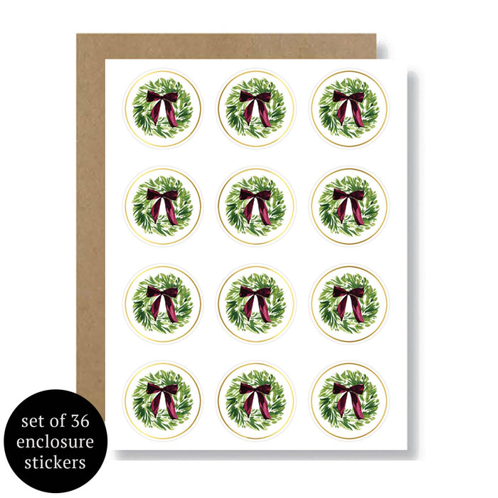 Holiday Bow Wreath Enclosure Stickers - Set of 36 | Gift Tag