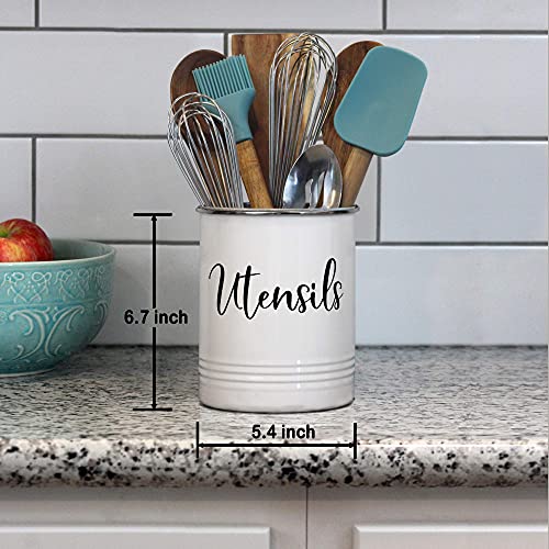 Home Acre Designs Kitchen Utensil Holder for Countertop, Vintage Farmhouse Caddy for Utensils, White