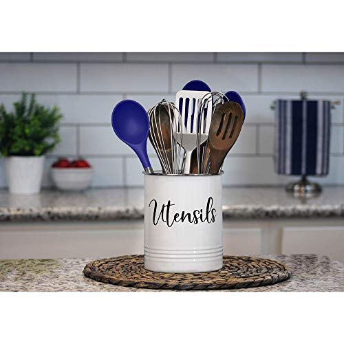 Home Acre Designs Kitchen Utensil Holder for Countertop, Vintage Farmhouse Caddy for Utensils, White
