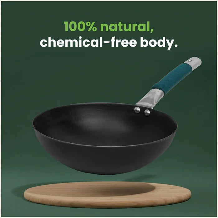 Iron Wok with Steel Cool Touch Handle 2/3.5 L & Silicone Grip, Toxin-free Sheet Iron, Pre-seasoned