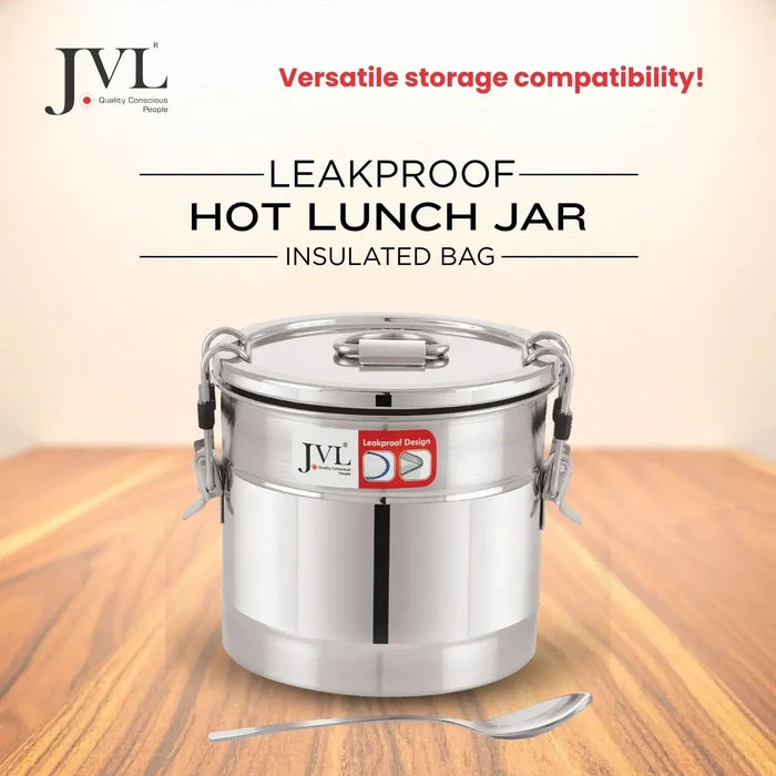 JVL Classicware Stainless Steel Insulated Hot Lunch Jar | Double-Wall | Leak-Proof | Spoon & Carry Bag