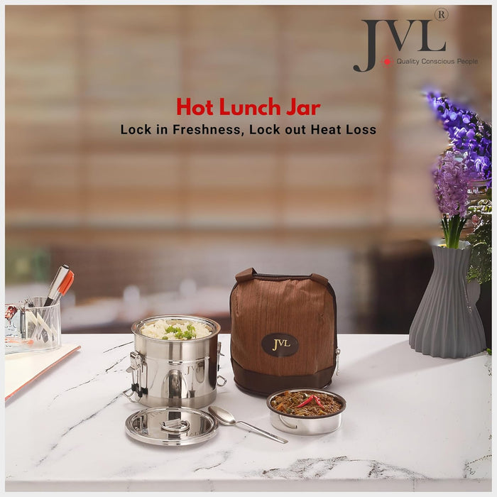 JVL Classicware Stainless Steel Insulated Hot Lunch Jar | Double-Wall | Leak-Proof | Spoon & Carry Bag