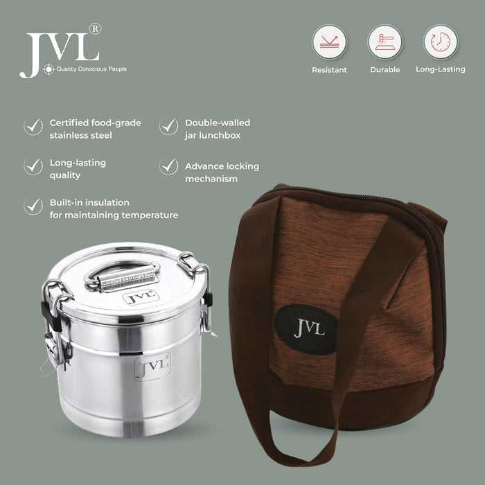 JVL Classicware Stainless Steel Insulated Hot Lunch Jar | Double-Wall | Leak-Proof | Spoon & Carry Bag