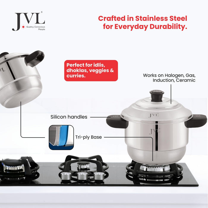 JVL Sambar Idly Maker 4 Plates Button Idly Steamer Stainless Steel Construction