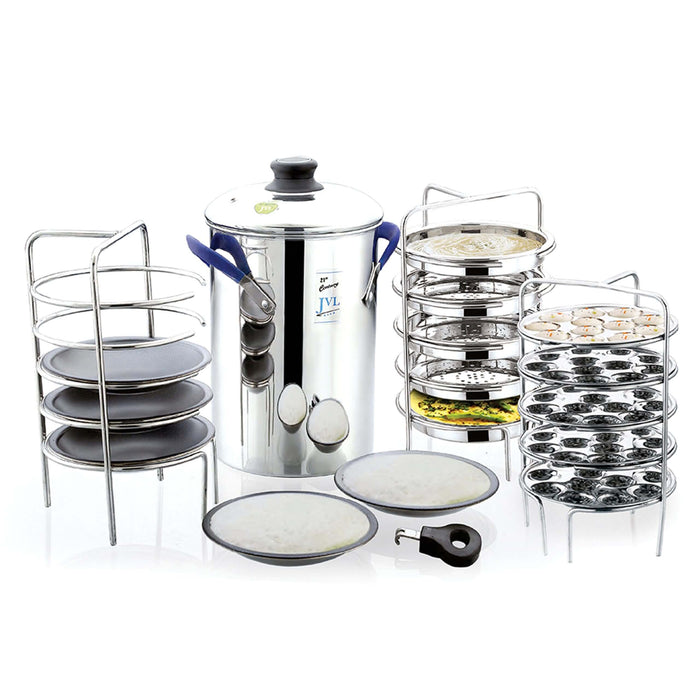 JVL Stainless Steel 15-Piece Multi-Purpose Idly Maker Set including idly cooker and plates for traditional South Indian dishes.
