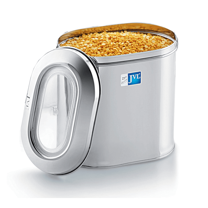 JVL stainless steel capsule tin food storage container with see-through lid, filled with yellow split peas.