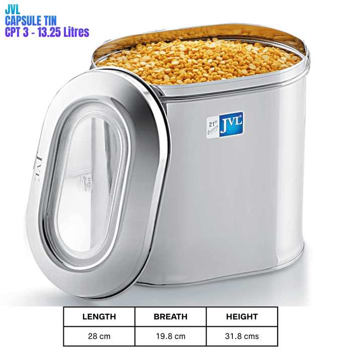 JVL stainless steel capsule tin food storage container with see-through lid and grains inside.