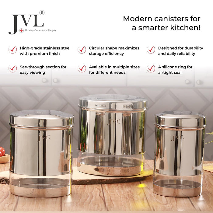 JVL stainless steel kitchen canister with clear viewing window mirror finish India