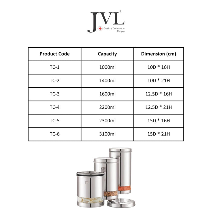 JVL TC-4 2200ml stainless steel canister with silicone sealed lid and viewing strip