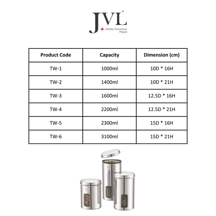 JVL Trendy Window Canister – Stainless Steel Airtight Storage Jar