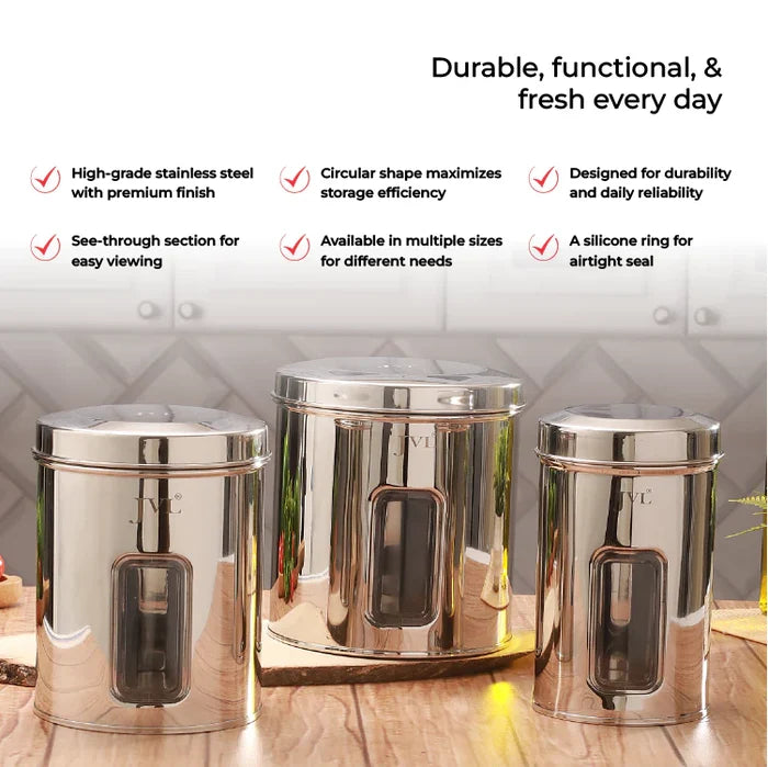 JVL Trendy Window Canister – Stainless Steel Airtight Storage Jar