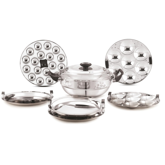 JVL MK28 Triply 5-in-1 Multi Kadai 28cm with idli dhokla and steamer plates silver stainless steel