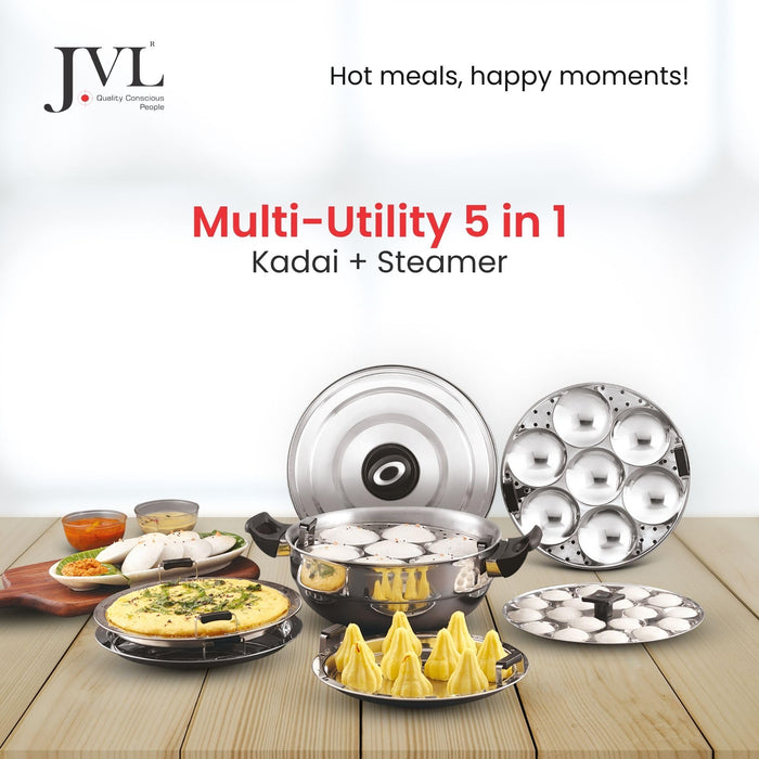JVL 5-in-1 stainless steel steamer kadai 28cm with lid and 6 plates for idli momos modak dhokla