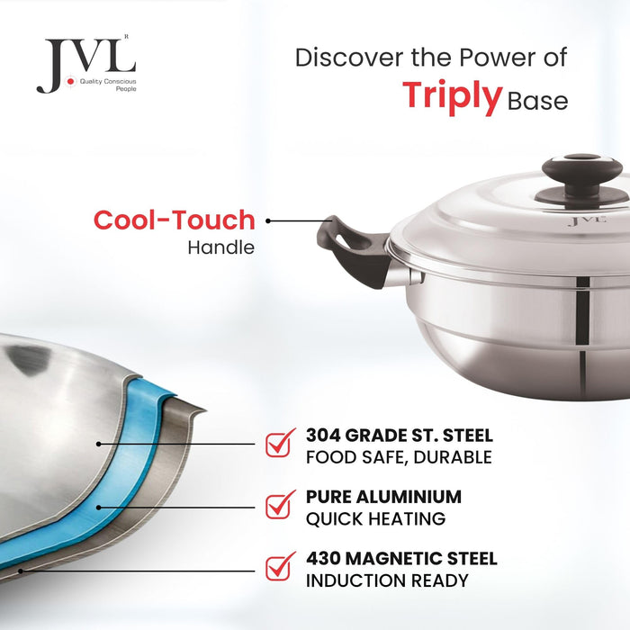 JVL MK28 tri-ply 304 stainless steel multi kadai steamer with Bakelite handles and mirror finish