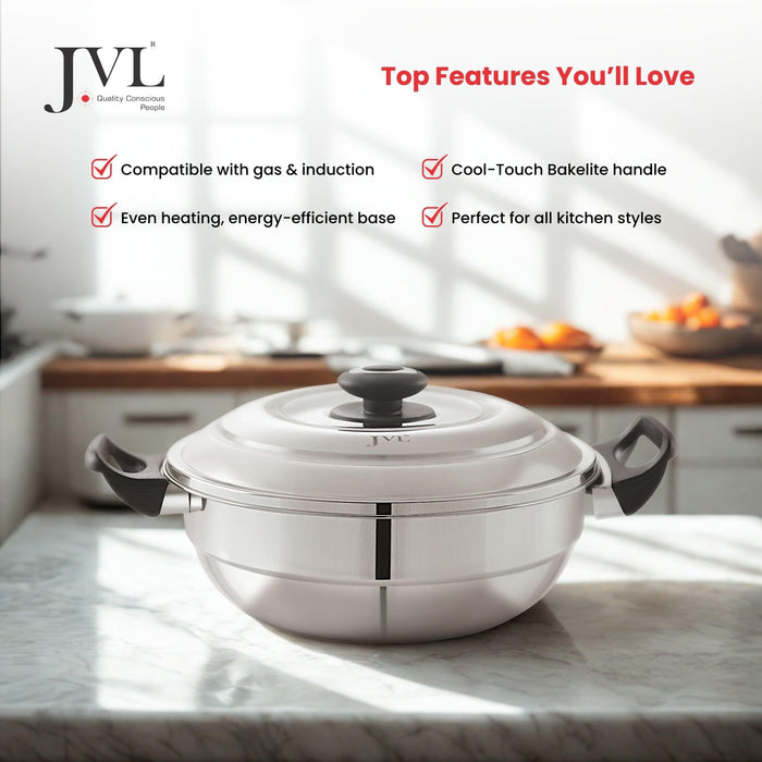 JVL MK28 28cm multi kadai with stainless steel lid 2 idli plates dhokla plates mini idli plate steamer plate